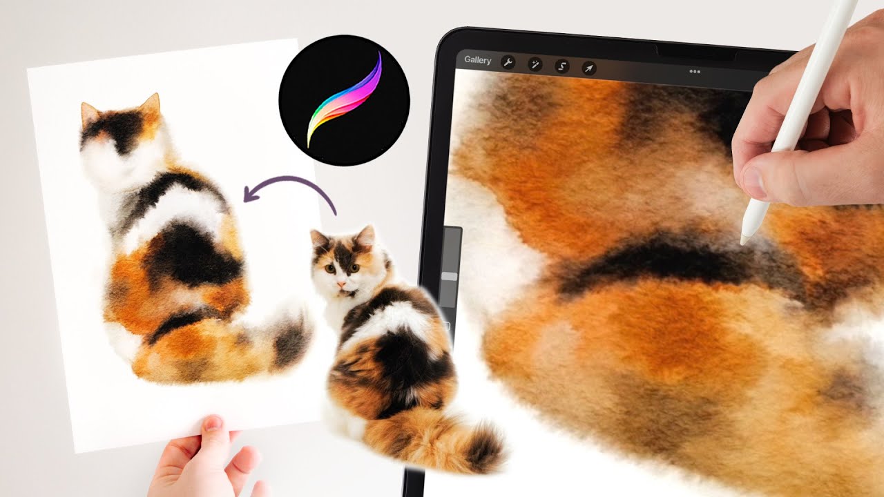 Как нарисовать пушистого кота акварелью в Procreate: реалистичные техники смешивания акварельных ...