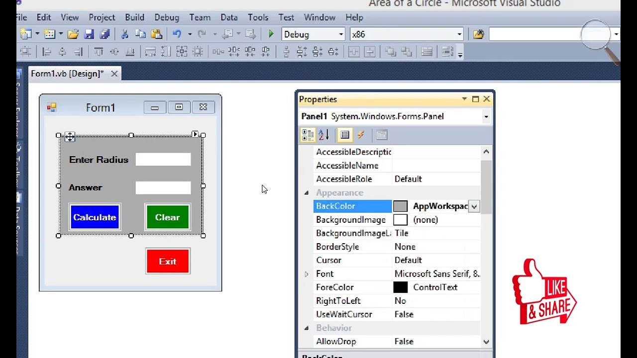 How to build a program that calculate the Area of a Circle.