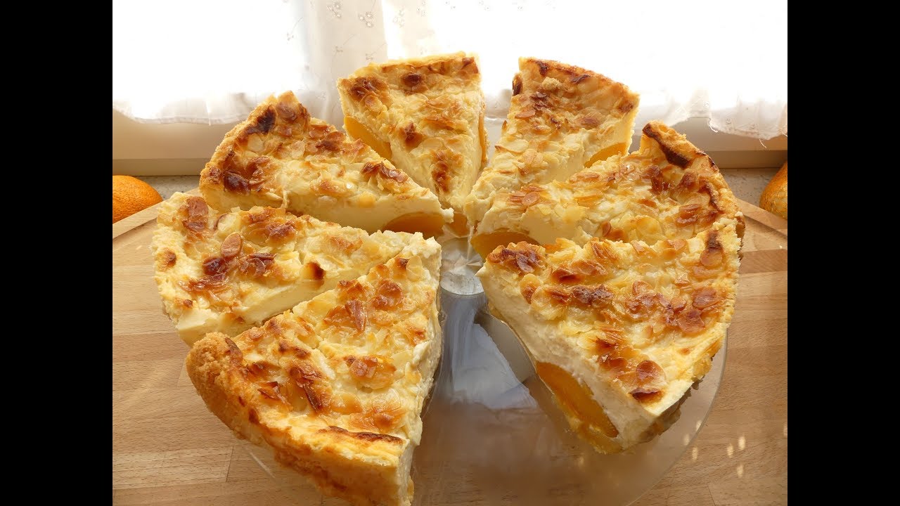 Pfirsichtorte/ Pfirsich Kuchen/ mit gehobelten Mandeln/ M&uuml;rbeteig einfach und schnell/ Pudding Quark