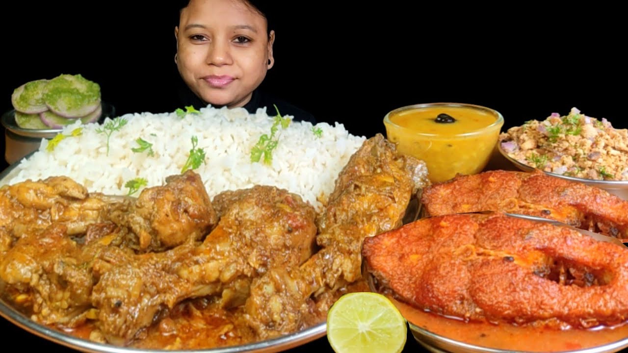 Eating Village Style Chicken Curry, Fish Curry, Dal Chawal & Bori Chura | Eating Show | Mukbang