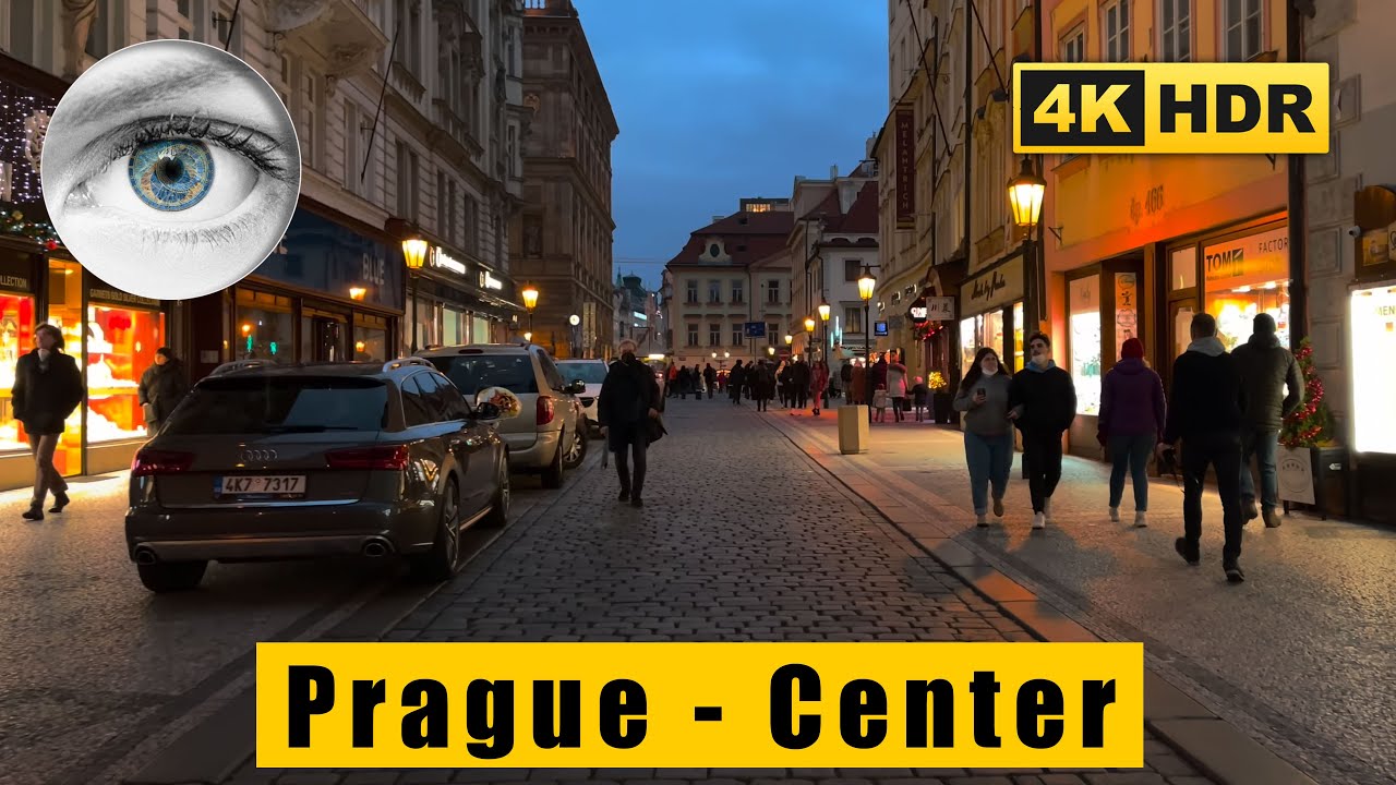 Evening walk in the center of Prague, Old Town Square, Celetná street, Christmas tree,  4K HDR ASMR