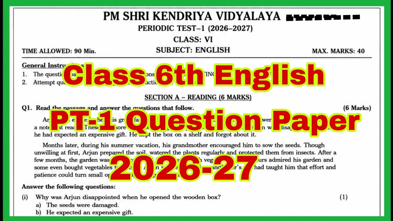 KVS Class 6 English PT-1 Exam Question Paper 2026-27 | Full Paper with Answer Key