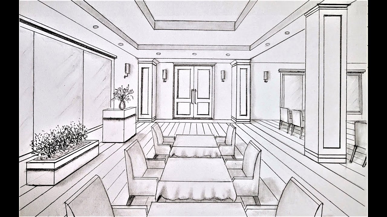 How to draw a restaurant room in one point perspective