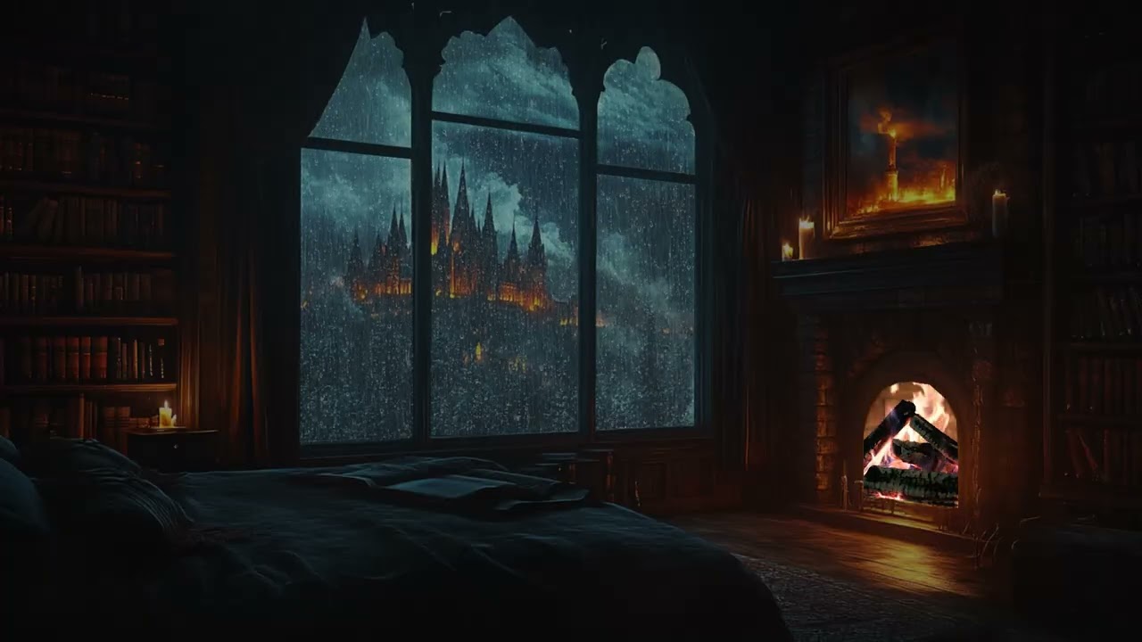 Heavy Rain by the Gothic Castle | Warm Dark Bedroom Fireplace | Calm Sounds for Focus And Sleep