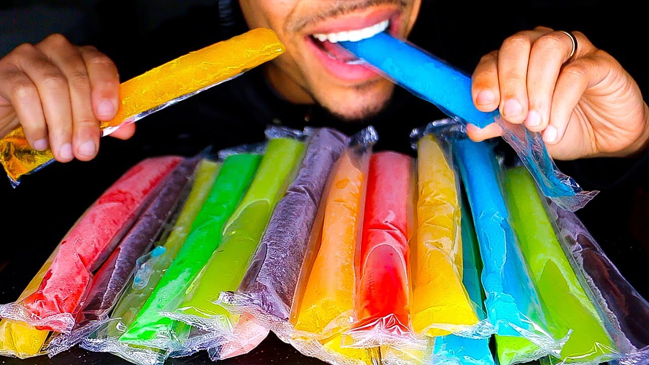 ASMR EATING FREEZE POPS ASSORTED FLAVORS ICE BIG BITES MUKBANG CRUNCH SOUNDS TINGLES NO TALKING