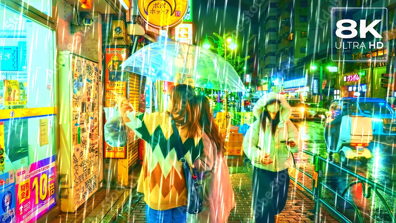 【8K JAPAN】Heavy Rain in Tokyo Shinjuku Kabukicho / 8K 60fps HDR / No BGM / Ambience / Binaural