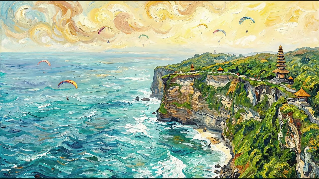 Bali Clifftop Panorama Oil Painting | Turquoise Ocean & Temple Views | 1 Hour 4K TV Art