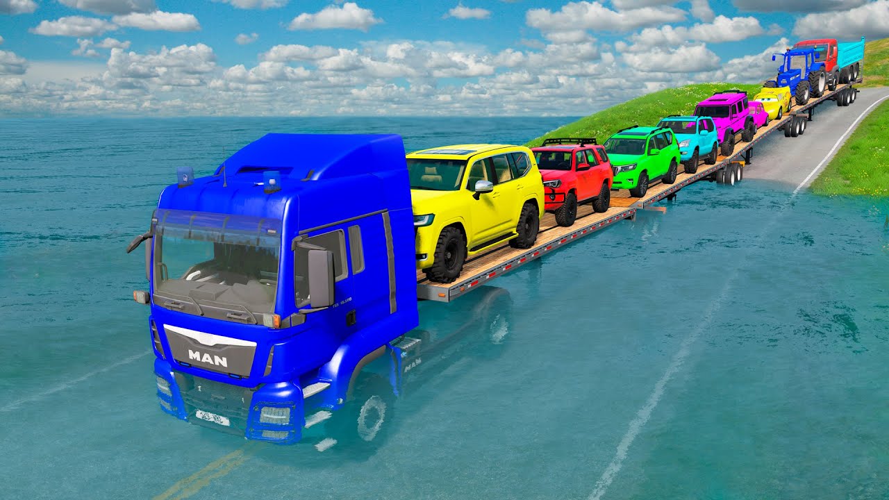 Triple Flatbed Trailer McQueen Transportation with Truck - Speedbumps vs Cars vs Train - BeamNG #221