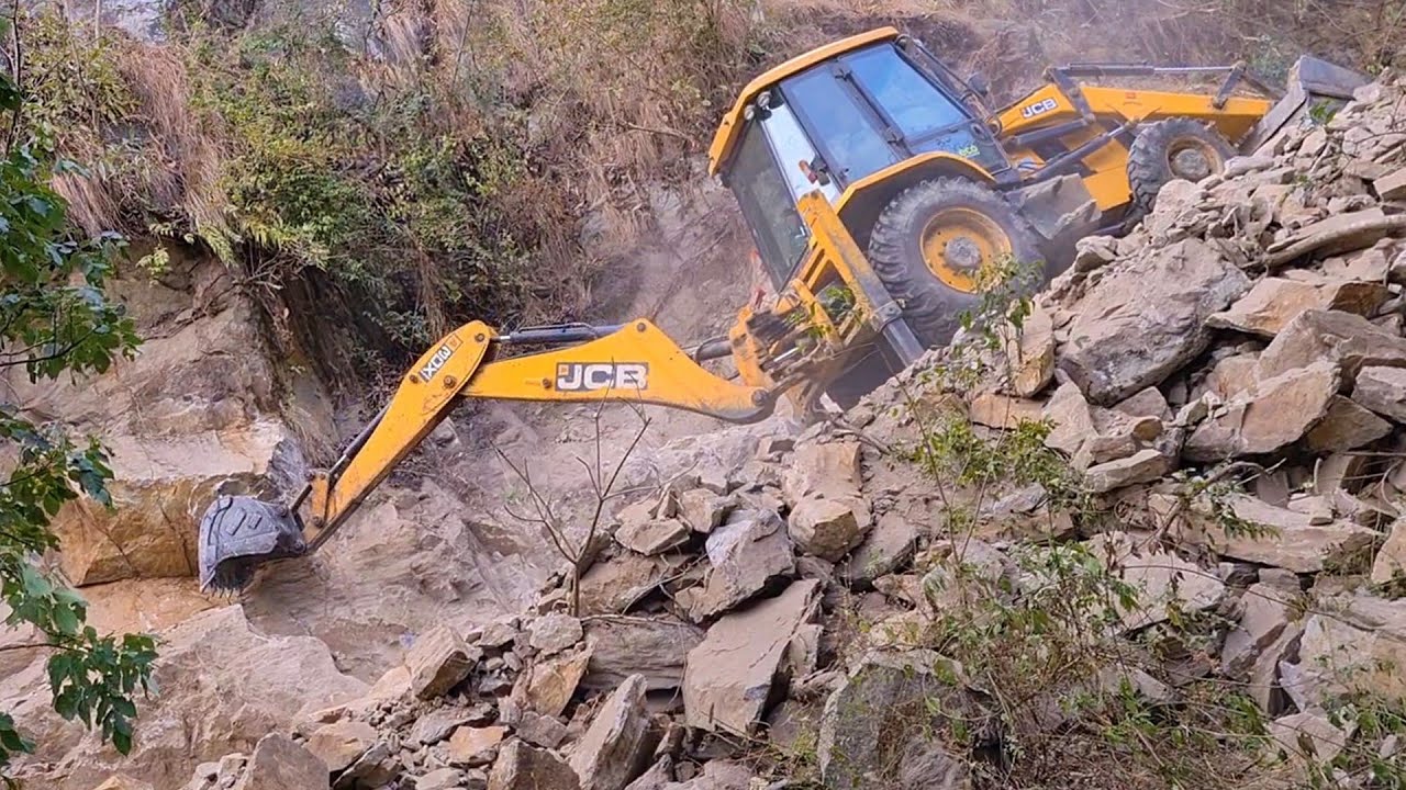 JCB Cutting Rocky Hill to Make Road - Working on Difficult Place - JCB Making Hilly Road Road