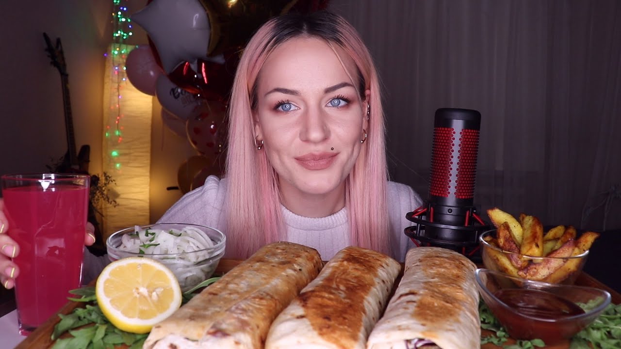 MUKBANG | Домашняя шаурма с ананасом, курицей, говядиной, картофель | shawarma (rolls) не ASMR