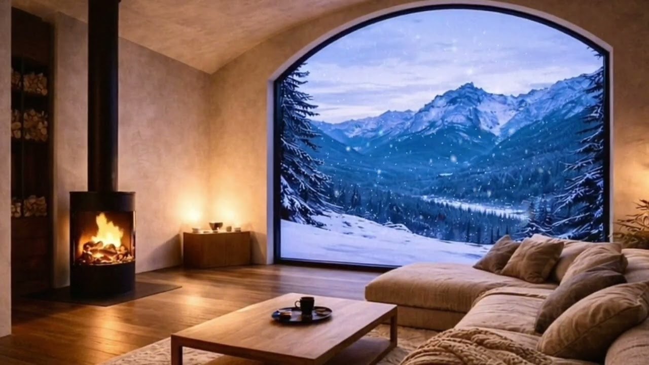 Modern Snowcave Fireplace | Snowfall Outside | Deep Winter Sleep Ambience