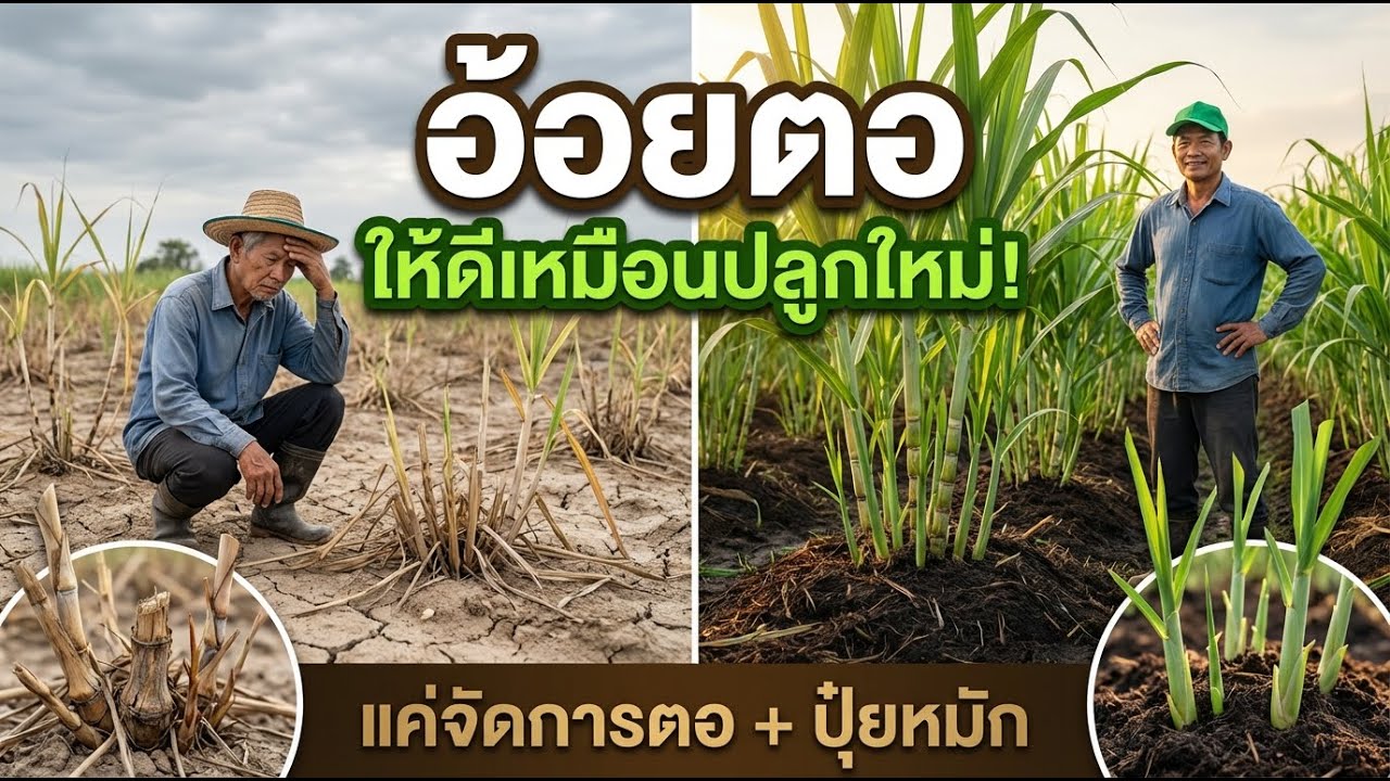 สูตรลับอ้อยตอ 100 ตัน! ประหยัดต้นทุนปลูกใหม่ 45% แต่ผลผลิตไม่ตก (ด้วยวิธีฝังปุ๋ย-หมักใบ)
