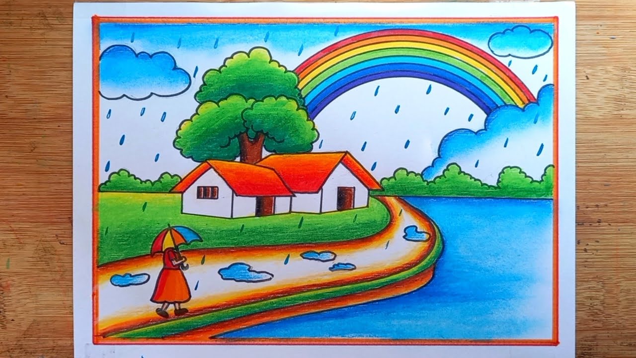 Rainy Season Scenery Drawing/ Rainbow Scenery Drawing Very Easy/ How To Draw Rainy Day Drawing Easy