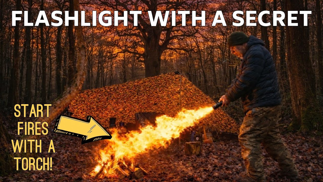 This Camping Torch Has a Secret, It Can Start a Fire! Wild Camp Tarp Tent and Campfire Cooking ASMR
