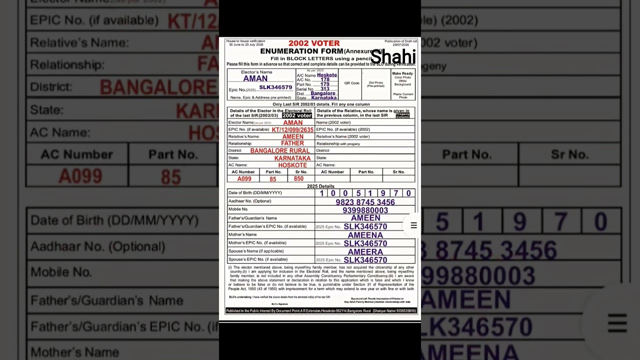 SIR Enumeration Form.sample filled . #SIR #vote #india #breakingnews