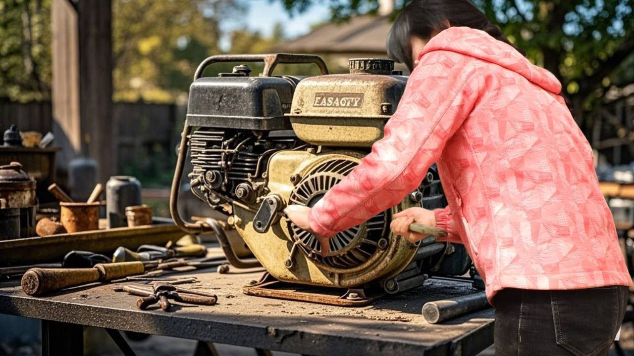 Genius mechanical girl repairs a badly damaged gasoline engine！#linguoer #machine