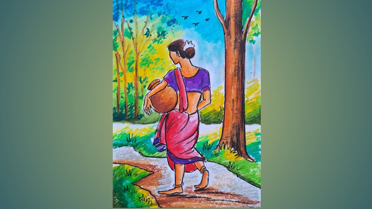 Oilpastel Scenery Drawing|| Village women drawing||
