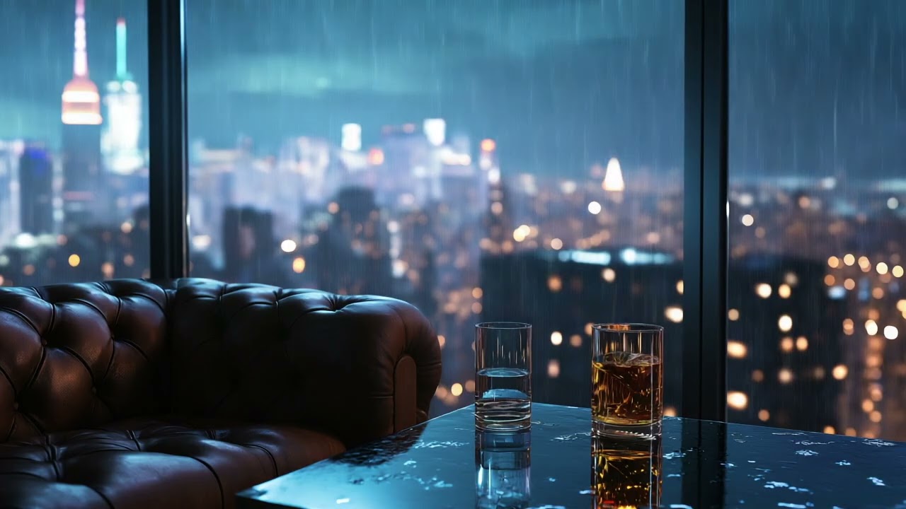 Cozy Luxury Penthouse Rain Ambience in NYC 🌧️ Jazz & Rain for Sleep