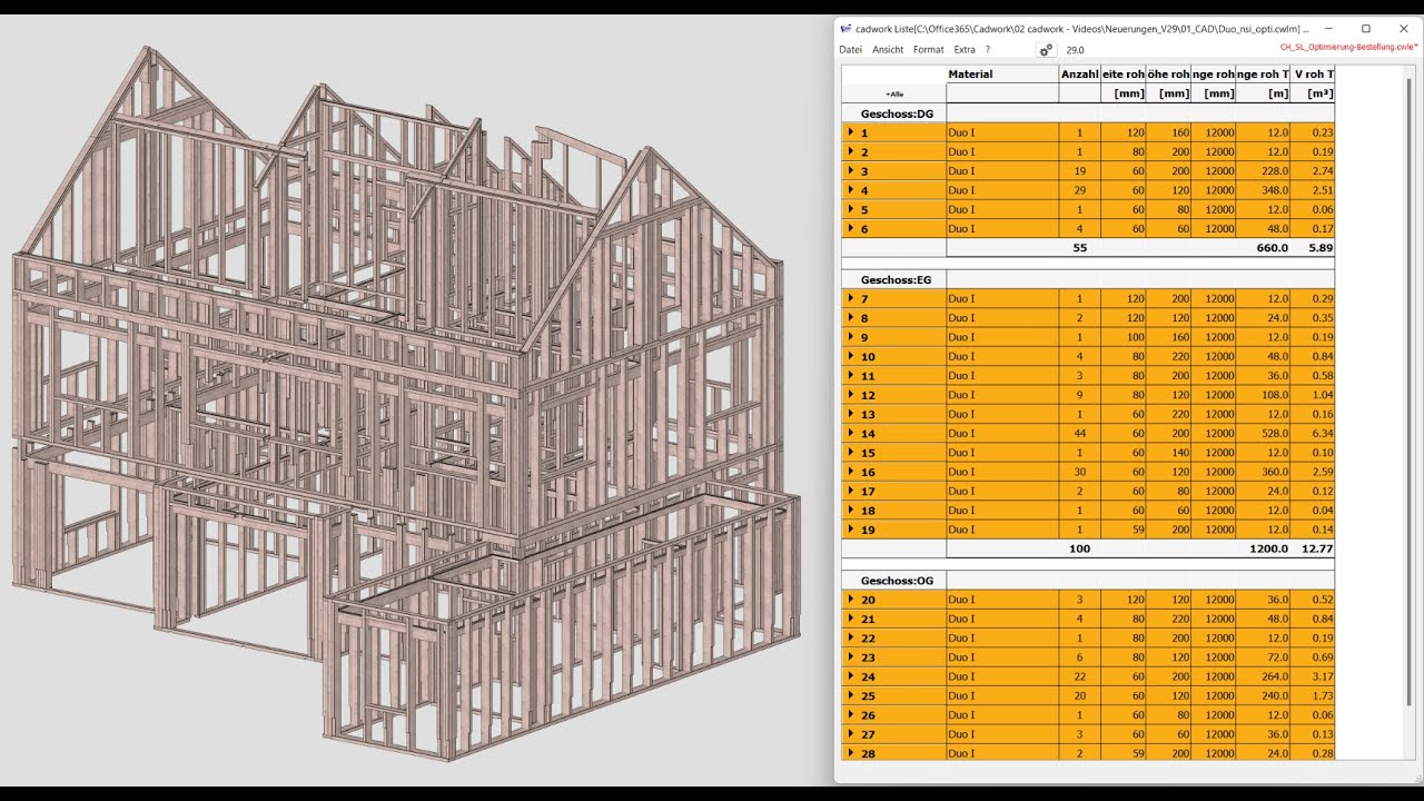 cadwork 3d V29 Stangenoptimierung