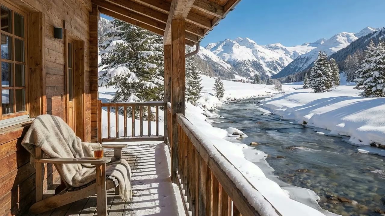 8 HOURS Snowy Mountain Cabin ASMR ❄️ River Flow Sounds + Soft Birdsong | Cozy Winter Ambience
