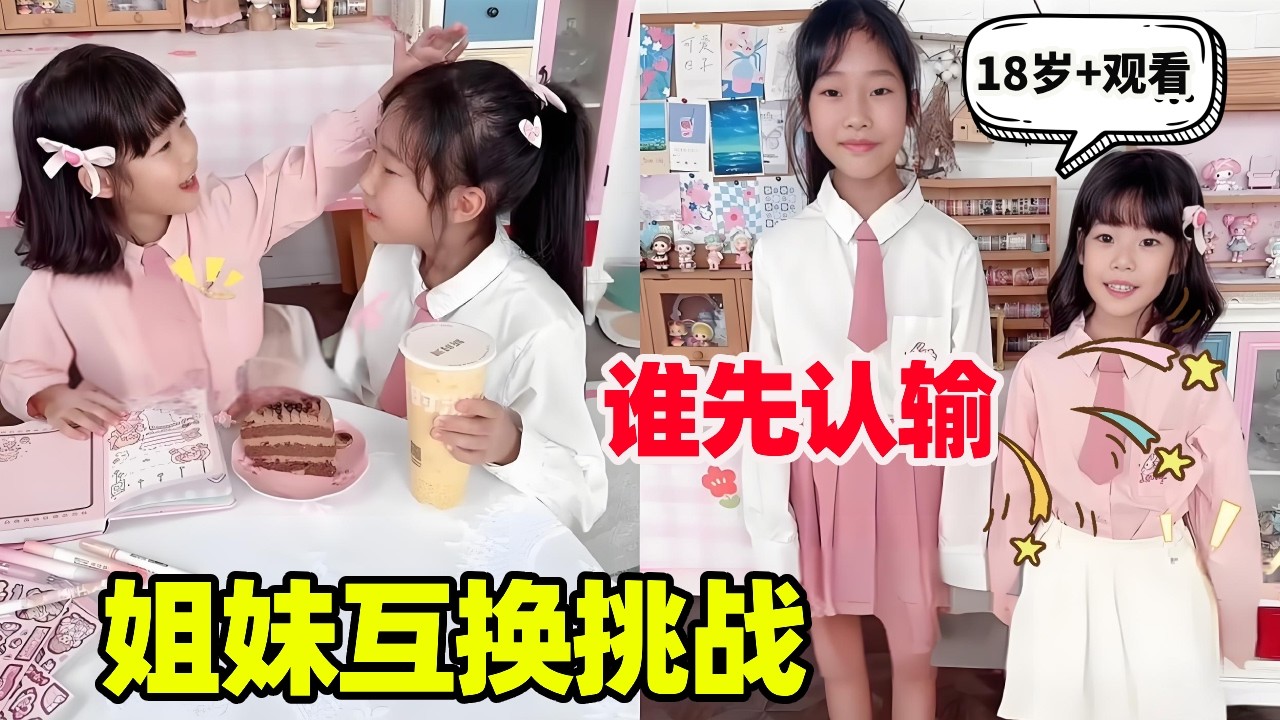 姐妹互换挑战，谁先认输满足对方的任务，妹妹太搞笑了！【小卷毛和姐姐】