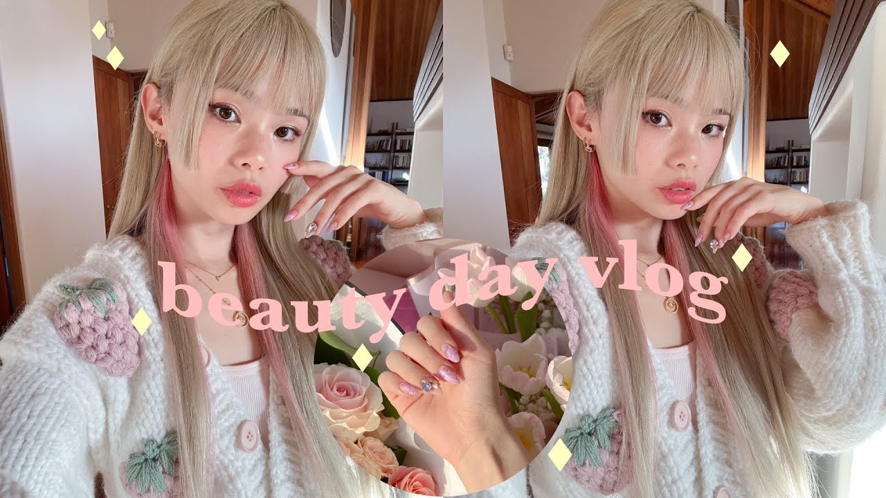 beauty day vlog 🌷 6 hour hair transformation, white blonde & hime cut! + korean nail art manicure 🦋