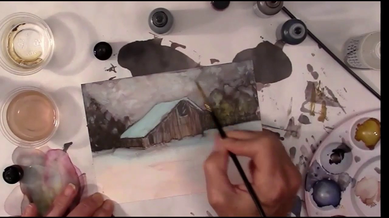 Alcohol Ink Winter Barn Painting