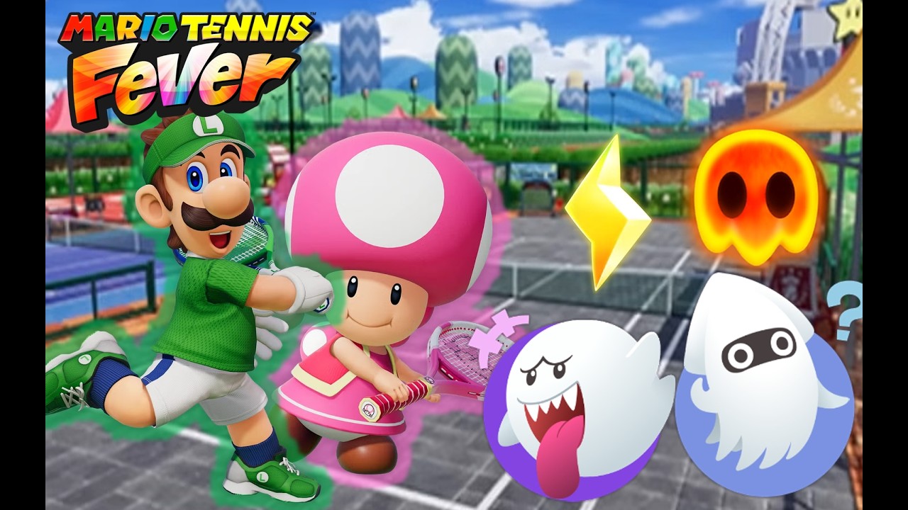 Mario Tennis Fever - Luigi & Toadette vs Boo & Blooper - Academy Court (Brick)