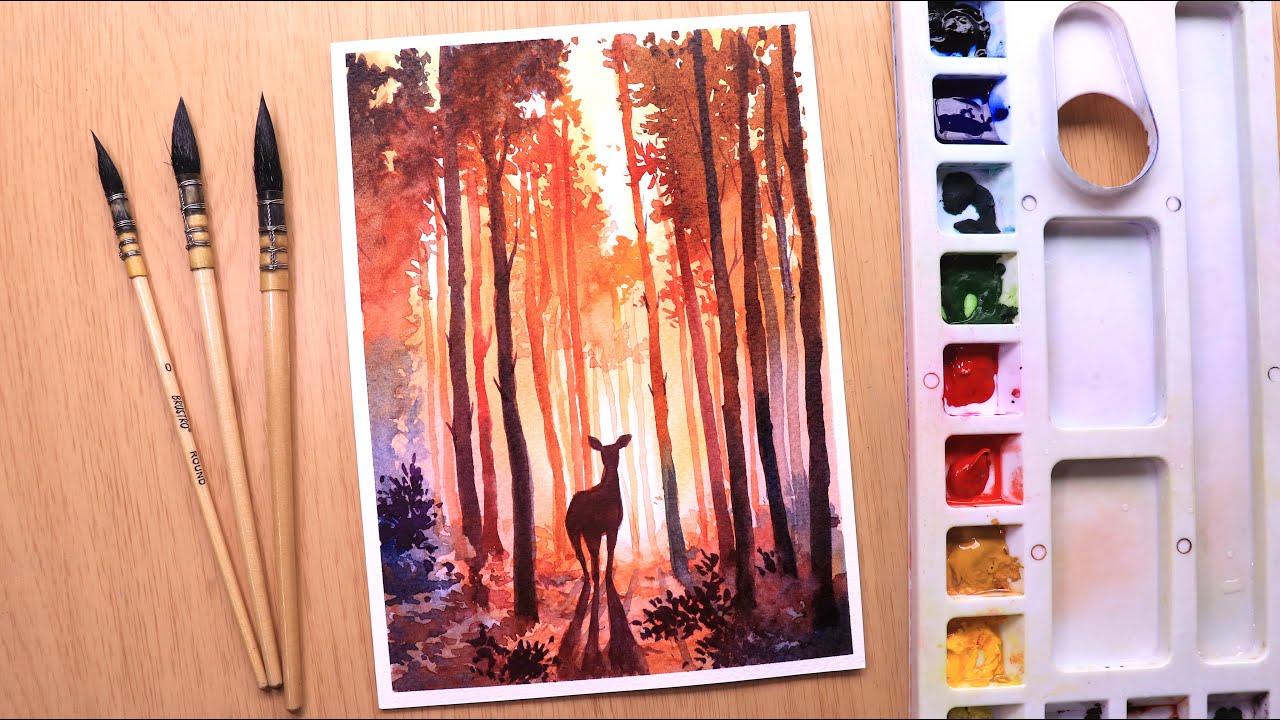Watercolor painting of Beautiful Forest landscape easy