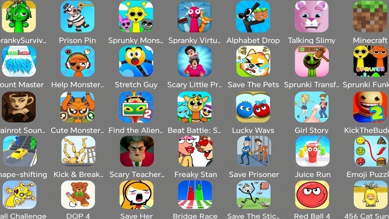 Spranky Survival,Minecraft,Find the alien,Scray Little Prankster,Red Ball 4, Spranky Transform,DOP 4