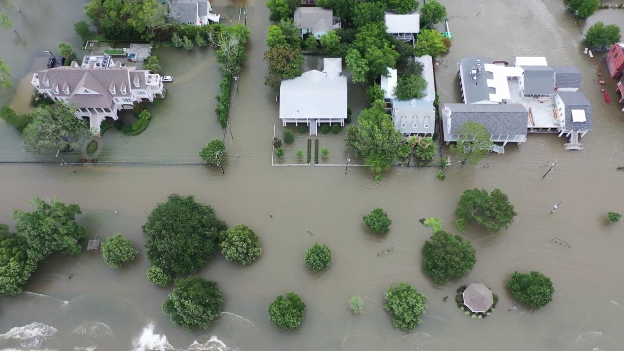 6 8 2020 Mandeville, La Lakefront flooded homes, businesses from Cristobal storm surge, aerials