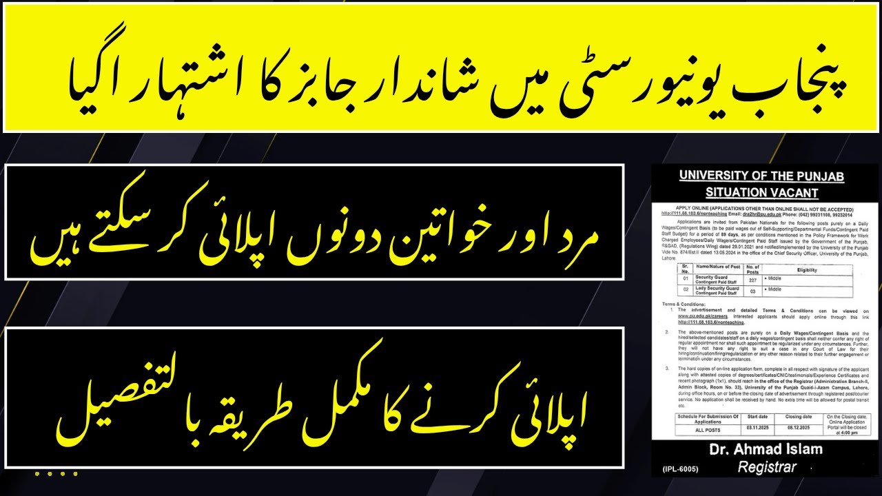 University of the Punjab Jobs 2025 | Security Guard Jobs in Punjab University | Apply Online Now