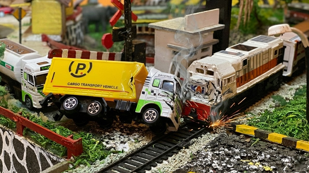 Kecelakaan Kereta Api RC Bermesin CC201 Gerbong Putih Anjlok Menabrak Truk Box di Area Perlintasan