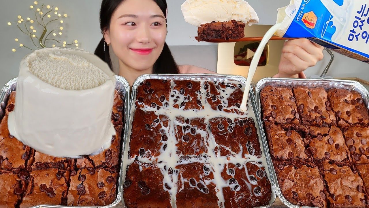 ASMR 겉바속촉 파파존스 브라우니 우유랑 아이스크림에 말아먹기 디저트 리얼먹방 :) Brownie MUKBANG