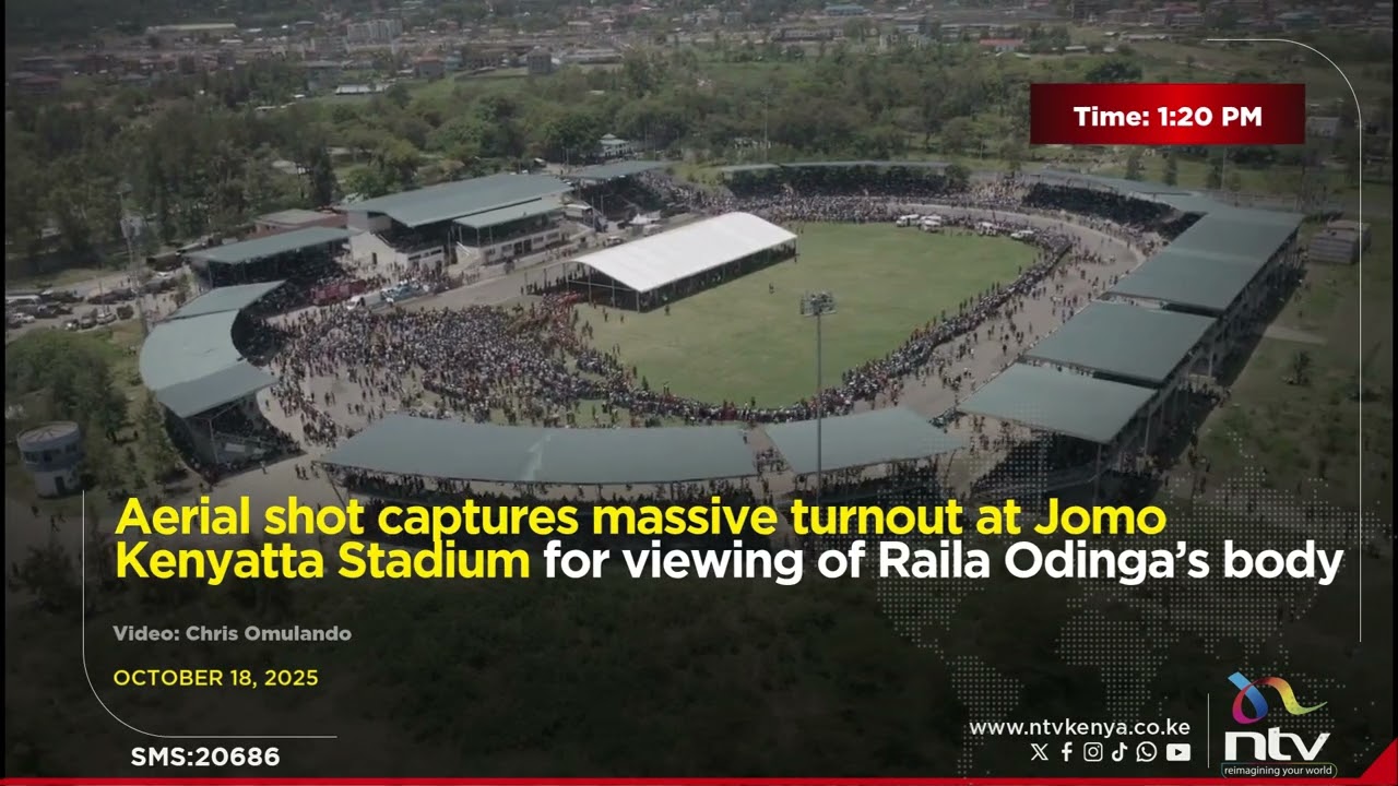Aerial shot captures massive turnout at Jomo Kenyatta Stadium for viewing of Raila Odinga’s body