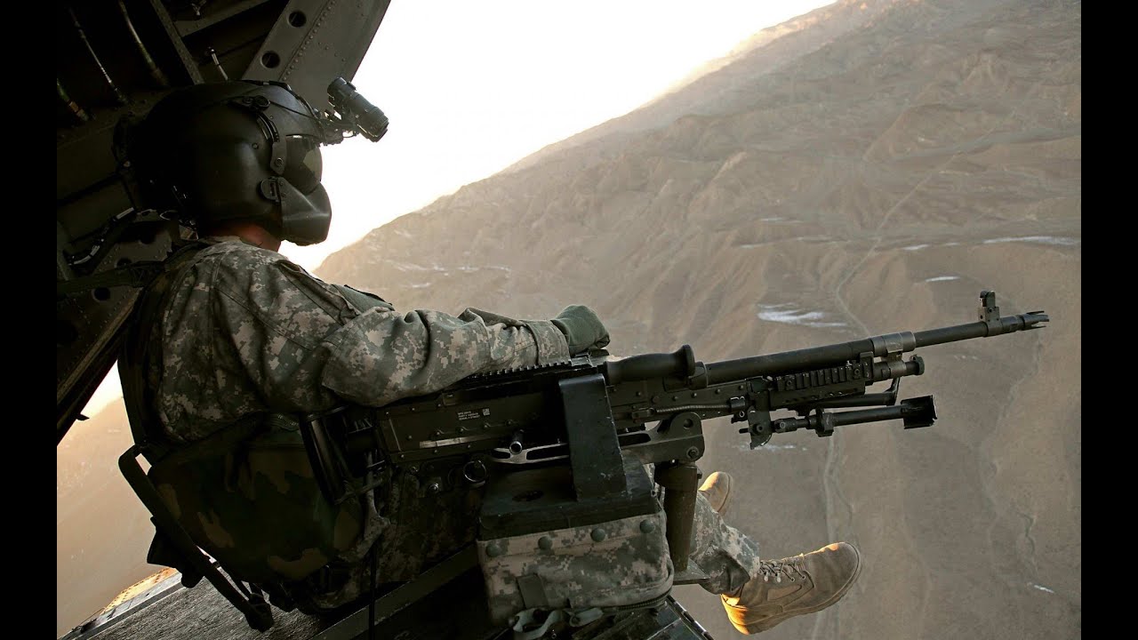 Afghanistan War. Heavy Firefight Helicopter Door Gunners Hunt & Shoot - Combat Footage HD
