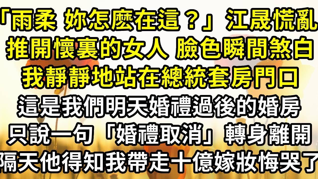 「雨柔，妳怎麽在這裏？」江晟慌亂推開懷裏的女人，臉色瞬間煞白，我靜靜地站在總統套房門口，這是我們明天婚禮過後的婚房，只說一句「婚禮取消」轉身離開，隔天他得知我帶走十億嫁妝悔哭了