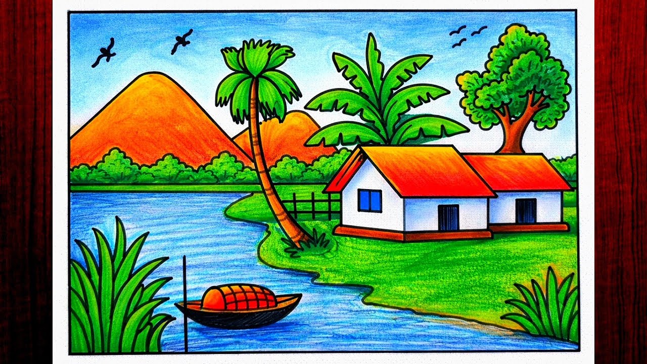 How to draw easy scenery drawing beautiful village landscape scenery step by step/Riverside scenery