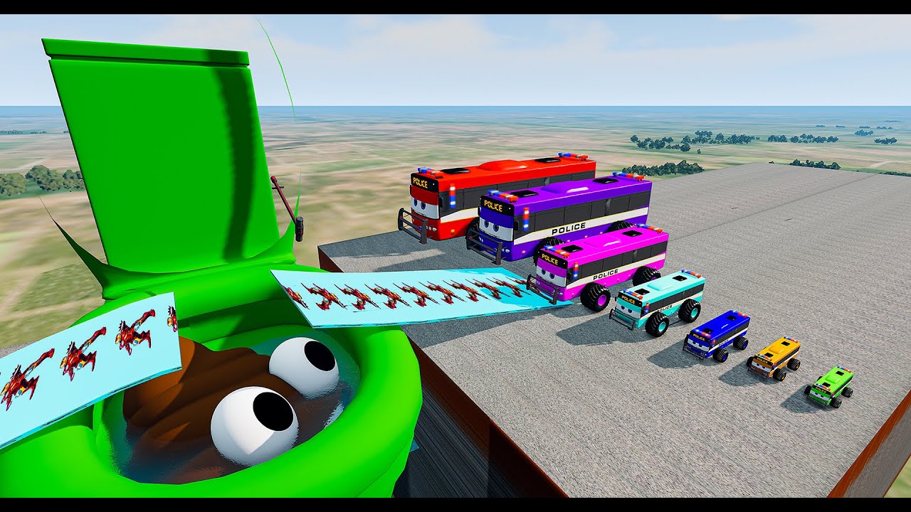 Big Green Toilet & Poo, Big & Small Monster Police Bus, Giant Pit & Downhill Race – BeamNG.drive