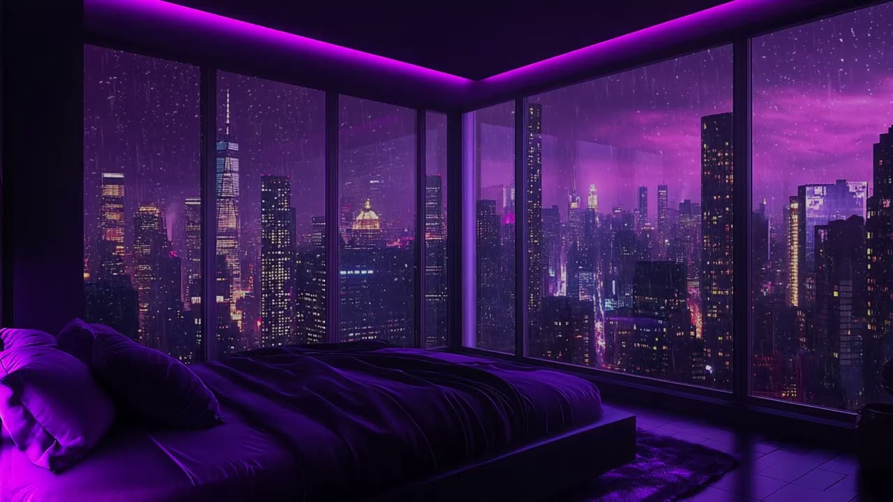 Rain Falling Beyond a Glittering Skyline | Modern High Rise Bedroom with Wide View | Calm Sleep