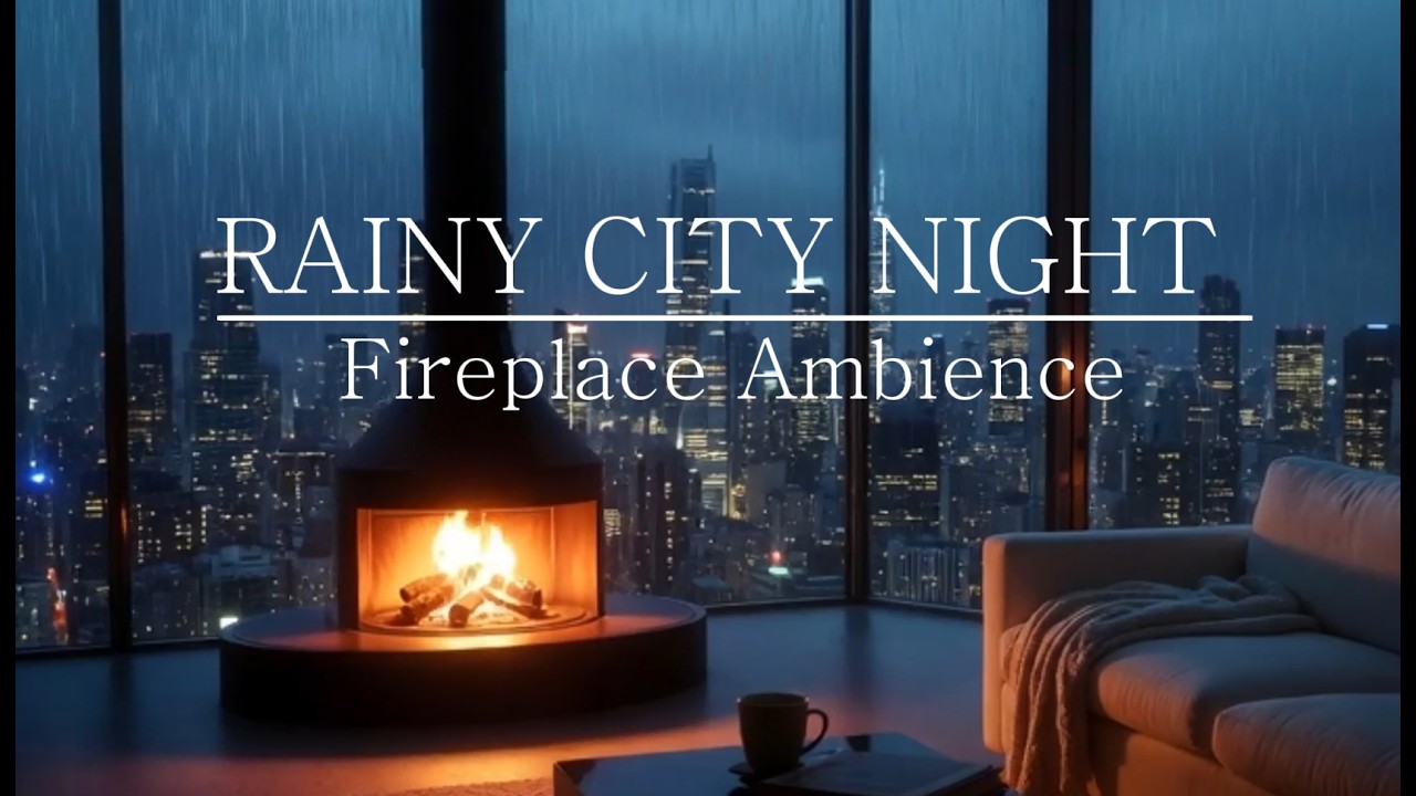 Cozy Rain Night 🌧️ Fireplace & City View | Relaxing Rain Sounds for Sleep & Study