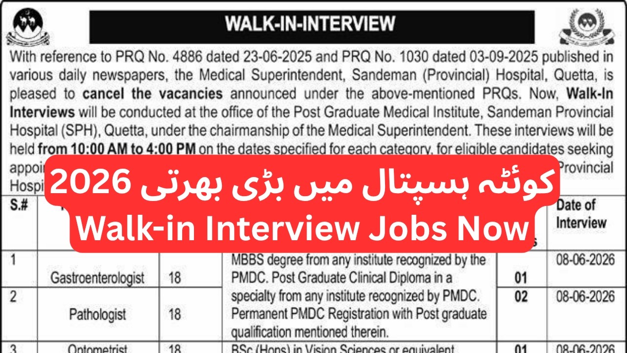 Sandeman Hospital Quetta Jobs 2026 | Medical & Staff Jobs | Walk-in Interview Balochistan
