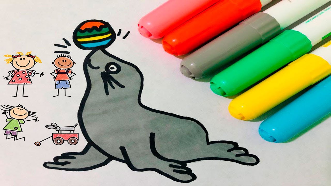 como dibujar y colorear una foca para ni&ntilde;os facil y rapido para ni&ntilde;os