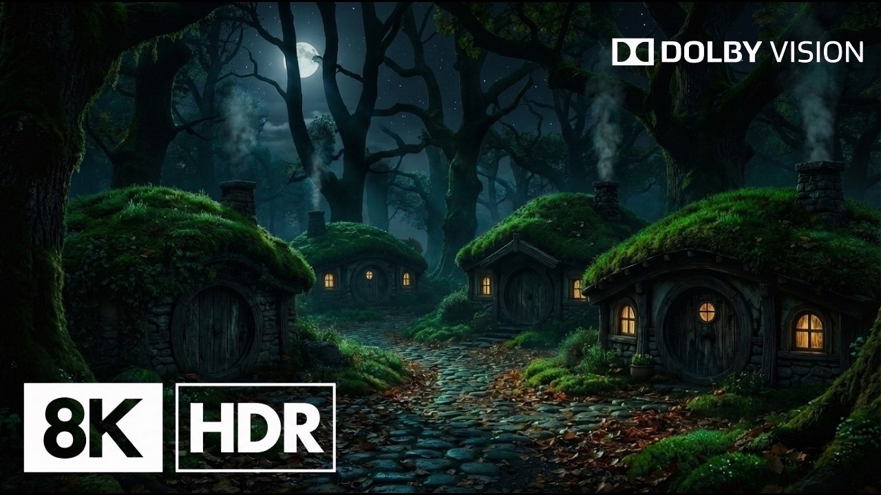 Mystical Hobbit Style Village at Night 🌙✨   Cozy Fantasy Forest Ambience 4K   2 Hours