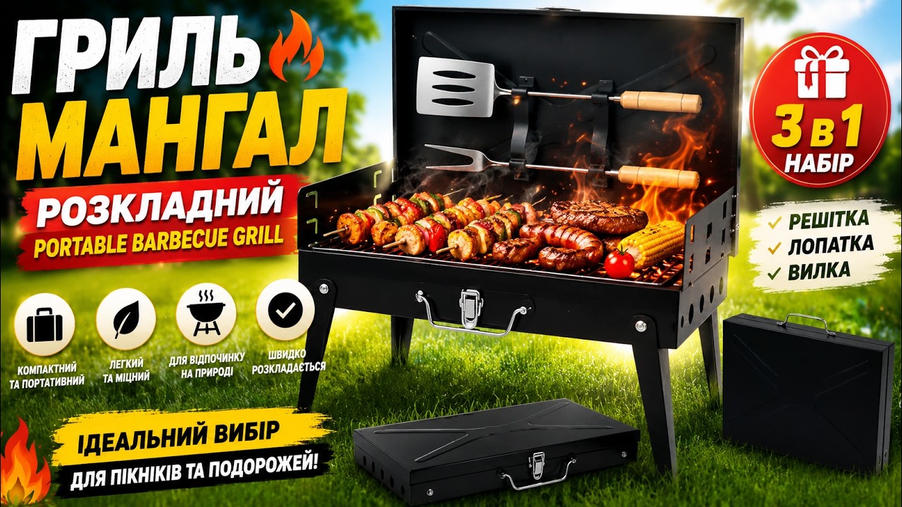 Гриль мангал розкладний Portable Barbecue Grill + решітка, лопатка та вилка