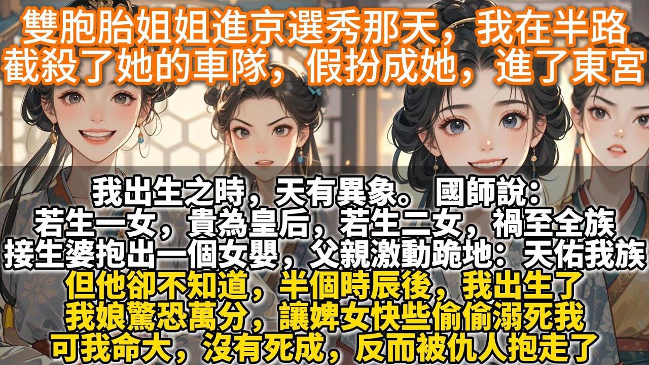 完結反轉權謀文：雙胞胎姐姐進京選秀那天，我在半路截殺了她的車隊，假扮成她，進了東宮。我出生之時，天有異象。 國師說，若生一女，貴為皇后，若生二女，禍至全族。接生婆抱出了一個女嬰，父親激動跪地：天佑我族