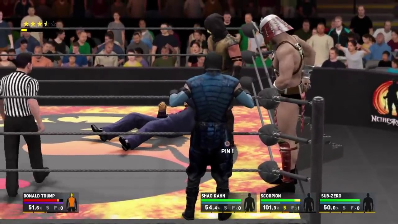 WWE 2K17 Shao Kahn,Scorpion,Sub-Zero VS Donald Trump In A 3 VS 1 Handicap Match