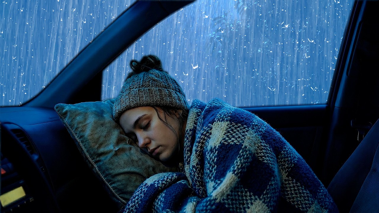 Goodbye Insomnia to Deep Sleep with Heavy Rain & Thunder Growls on Cozy Car in Rainforest at Night