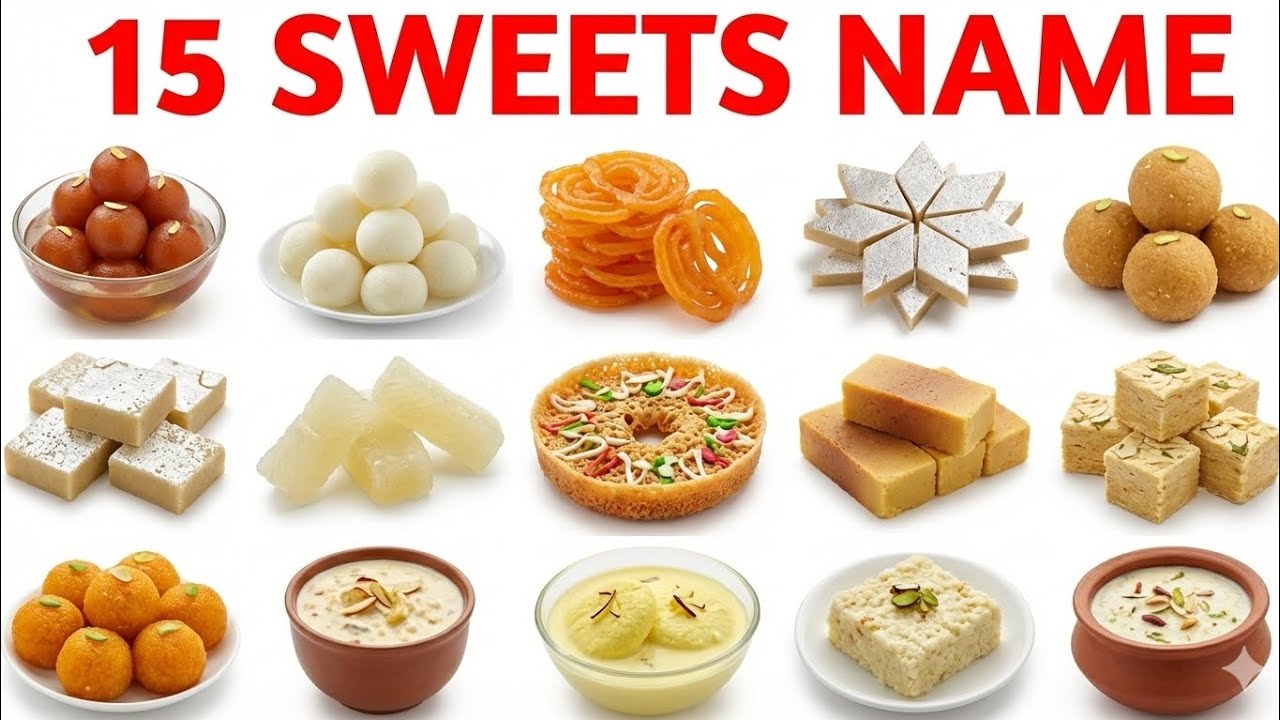 15 Sweets Name English & Hindi | 25 मिठाइयोंके नाम | Kids Learning Video | Indian SweetsName