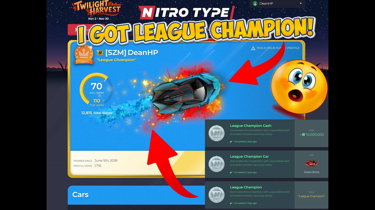 I got LEAGUE CHAMPION on NITRO TYPE! Corsa Ultima! League Finals! 150 subs=NT Giveaway! New Season!